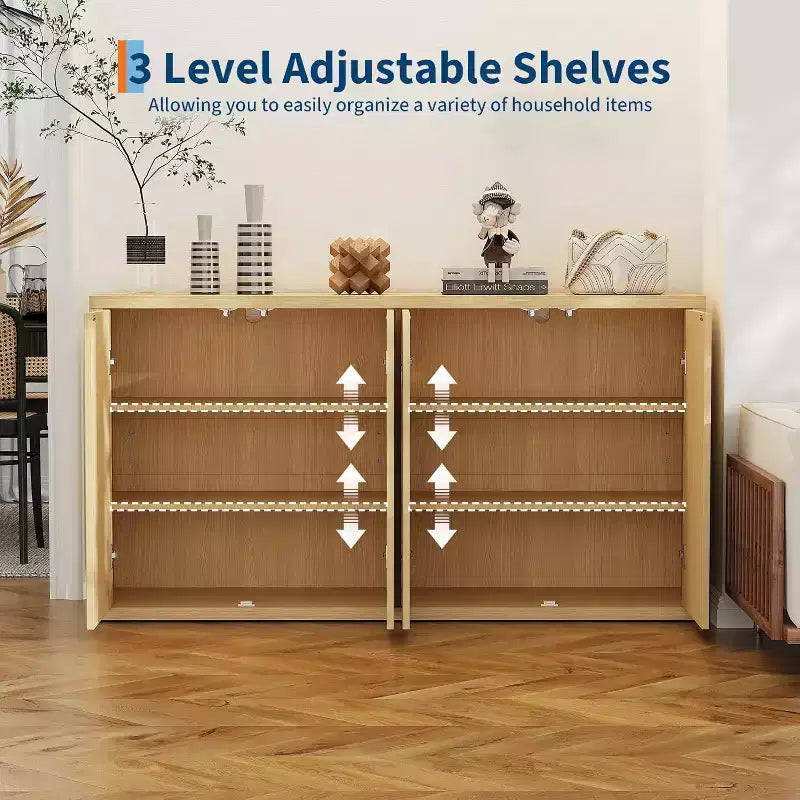 66.3in Large Sideboard Buffet Cabinet, Kitchen Modern Fluted Cupboard,Coffee Bar Console Storage Cabinet with Adjustable Shelves for Living Room