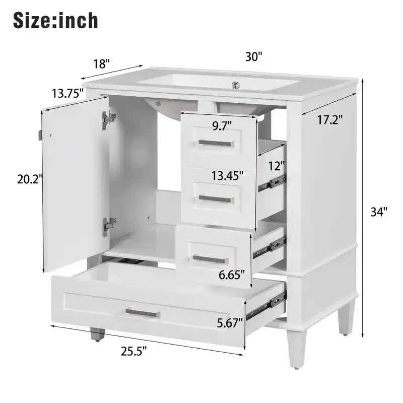 30 Bathroom Vanity With Undermount Ceramic Sink, Modern Bathroom Storage Cabinet With 3 Drawers & 1 Soft Closing Door Cabinet, Quick Assembly