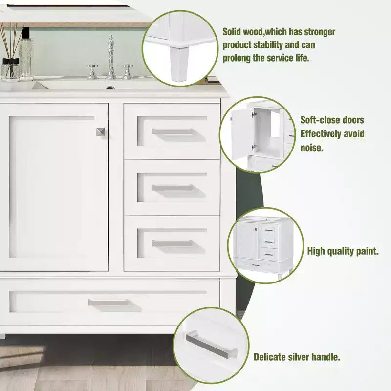 Meuble-lavabo de salle de bain de 76 cm avec lavabo encastré en céramique, meuble de rangement de salle de bain moderne avec 3 tiroirs et 1 porte à fermeture douce, assemblage rapide