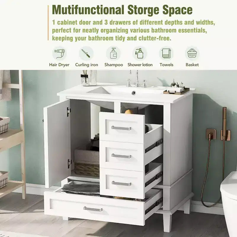 Meuble-lavabo de salle de bain de 76 cm avec lavabo encastré en céramique, meuble de rangement de salle de bain moderne avec 3 tiroirs et 1 porte à fermeture douce, assemblage rapide