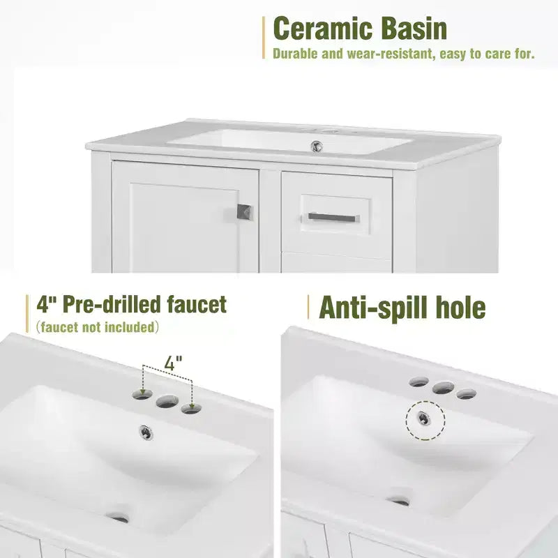 30 Bathroom Vanity With Undermount Ceramic Sink, Modern Bathroom Storage Cabinet With 3 Drawers & 1 Soft Closing Door Cabinet, Quick Assembly