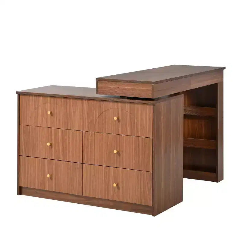 Convertible Vanity Desk with Flip-Top Mirror, 6 Drawers, 9 Compartments & L-Shaped, Straight Layout