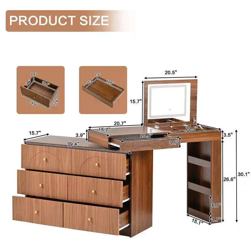 Convertible Vanity Desk with Flip-Top Mirror, 6 Drawers, 9 Compartments & L-Shaped, Straight Layout