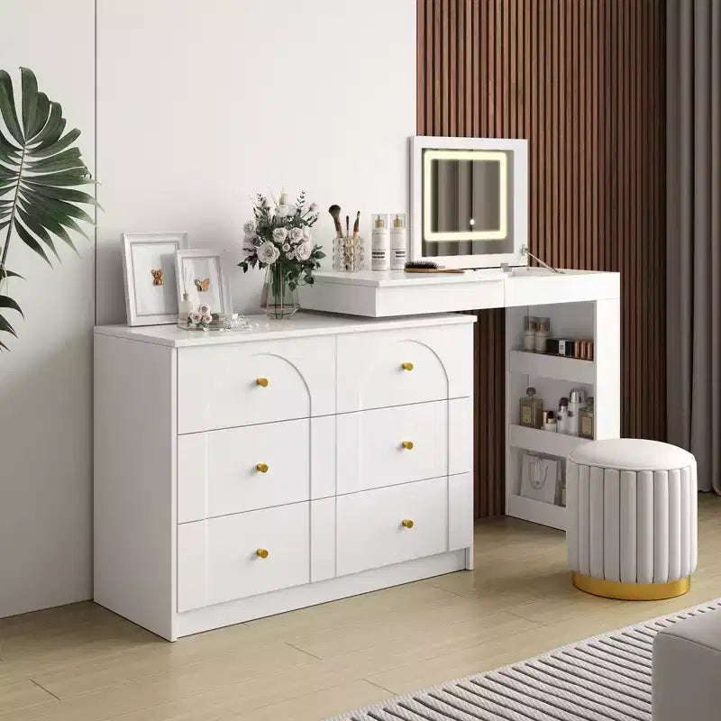Convertible Vanity Desk with Flip-Top Mirror, 6 Drawers, 9 Compartments & L-Shaped, Straight Layout