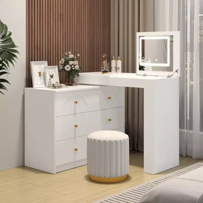 Convertible Vanity Desk with Flip-Top Mirror, 6 Drawers, 9 Compartments & L-Shaped, Straight Layout