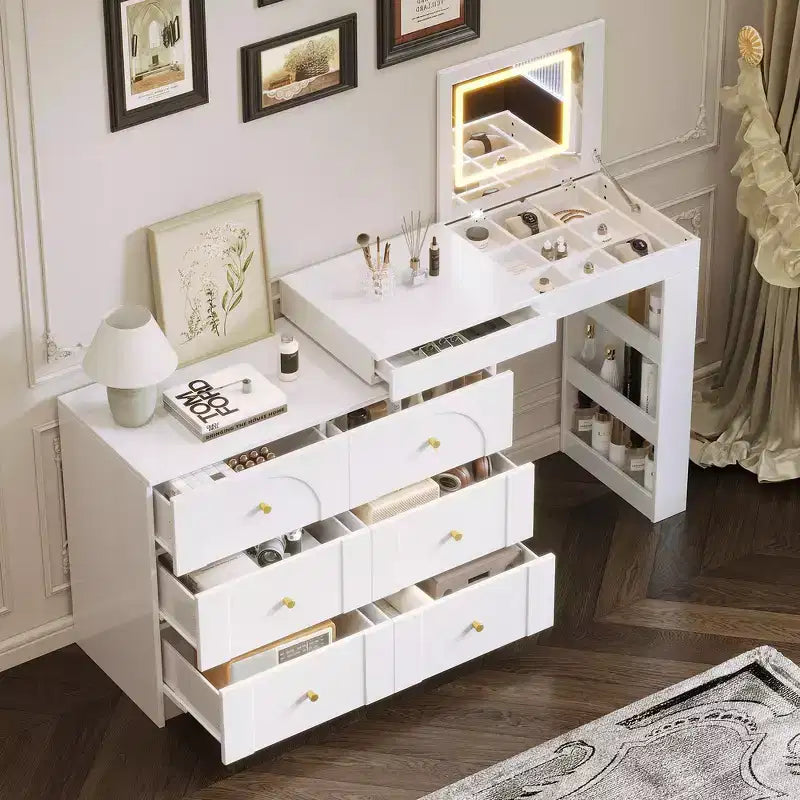 Convertible Vanity Desk with Flip-Top Mirror, 6 Drawers, 9 Compartments & L-Shaped, Straight Layout