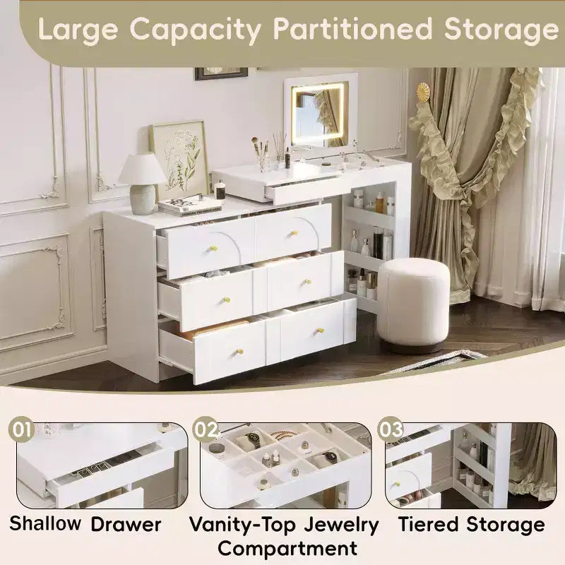 Convertible Vanity Desk with Flip-Top Mirror, 6 Drawers, 9 Compartments & L-Shaped, Straight Layout