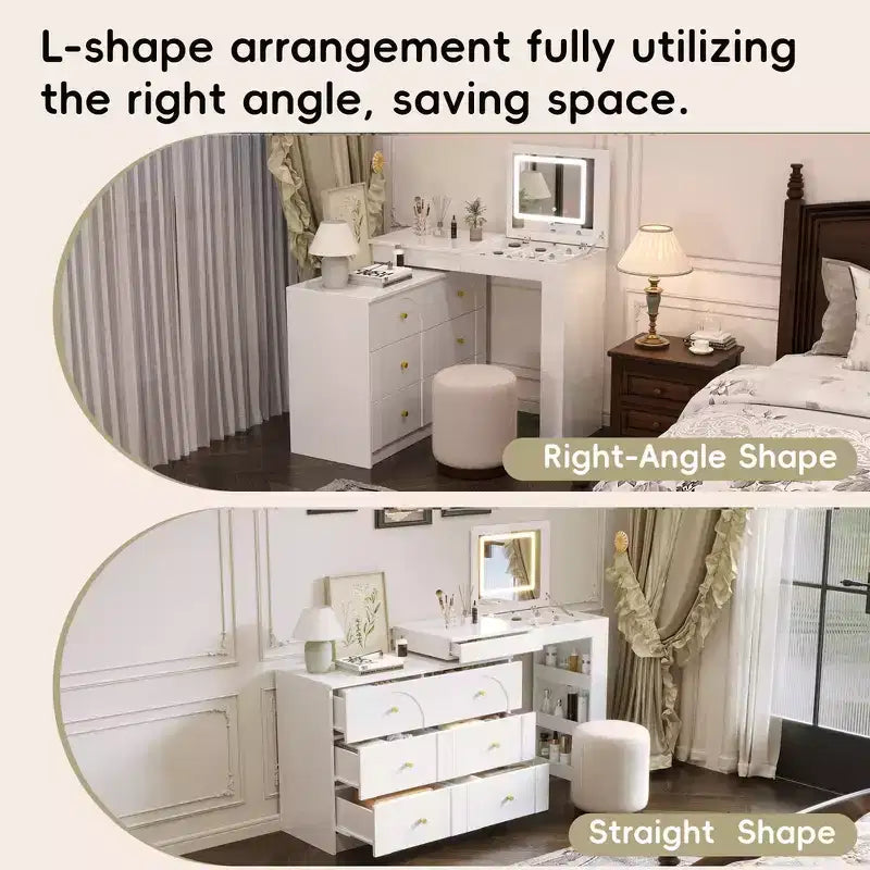 Convertible Vanity Desk with Flip-Top Mirror, 6 Drawers, 9 Compartments & L-Shaped, Straight Layout