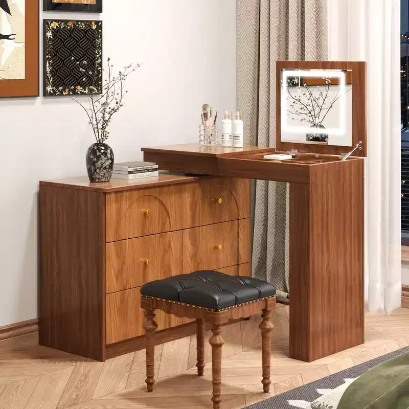 Convertible Vanity Desk with Flip-Top Mirror, 6 Drawers, 9 Compartments & L-Shaped, Straight Layout