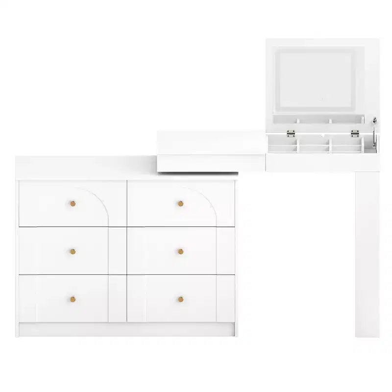 Convertible Vanity Desk with Flip-Top Mirror, 6 Drawers, 9 Compartments & L-Shaped, Straight Layout
