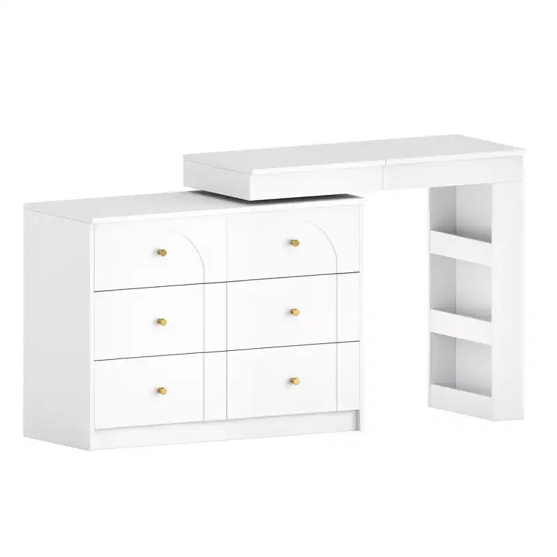 Convertible Vanity Desk with Flip-Top Mirror, 6 Drawers, 9 Compartments & L-Shaped, Straight Layout