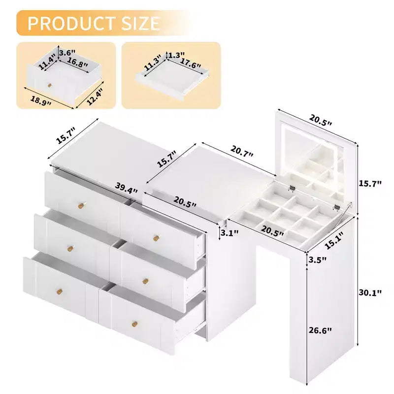 Convertible Vanity Desk with Flip-Top Mirror, 6 Drawers, 9 Compartments & L-Shaped, Straight Layout