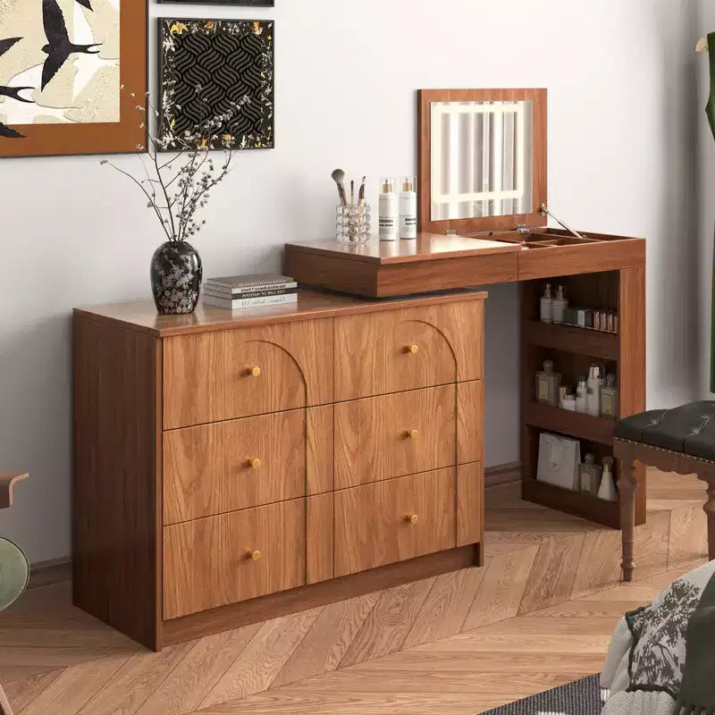 Coiffeuse convertible avec miroir rabattable, 6 tiroirs, 9 compartiments et configuration en L ou droite