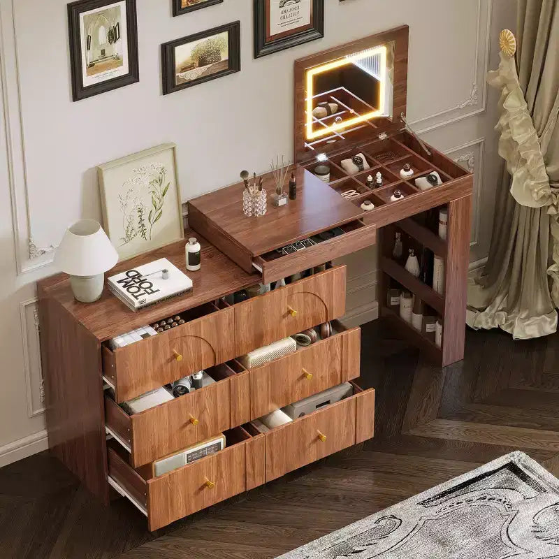Coiffeuse convertible avec miroir rabattable, 6 tiroirs, 9 compartiments et configuration en L ou droite