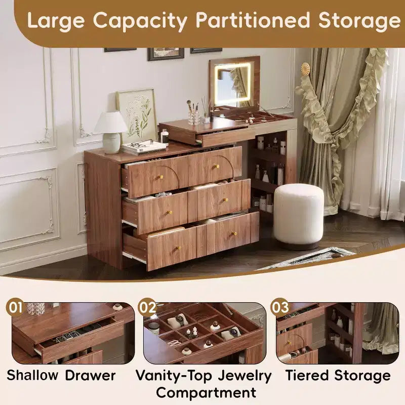 Coiffeuse convertible avec miroir rabattable, 6 tiroirs, 9 compartiments et configuration en L ou droite
