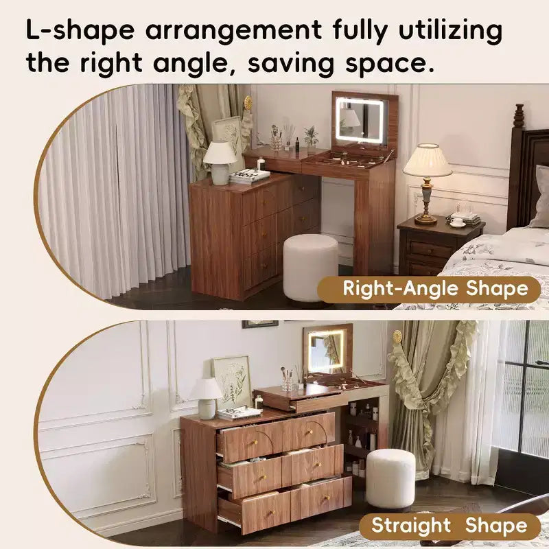 Convertible Vanity Desk with Flip-Top Mirror, 6 Drawers, 9 Compartments & L-Shaped, Straight Layout