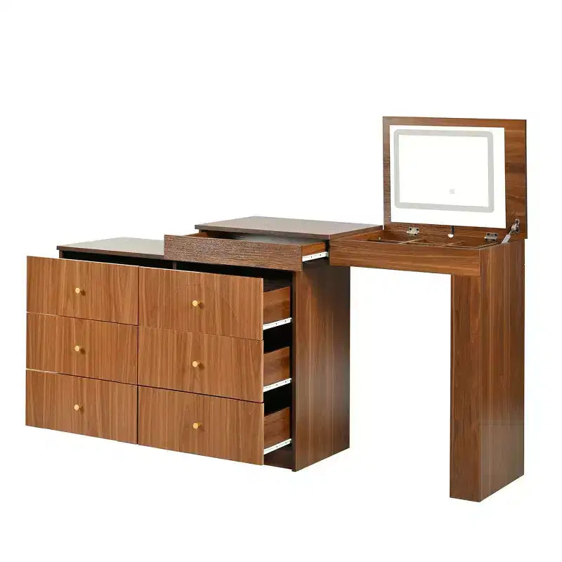Convertible Vanity Desk with Flip-Top Mirror, 6 Drawers, 9 Compartments & L-Shaped, Straight Layout