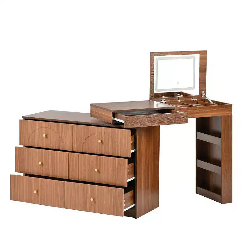 Convertible Vanity Desk with Flip-Top Mirror, 6 Drawers, 9 Compartments & L-Shaped, Straight Layout