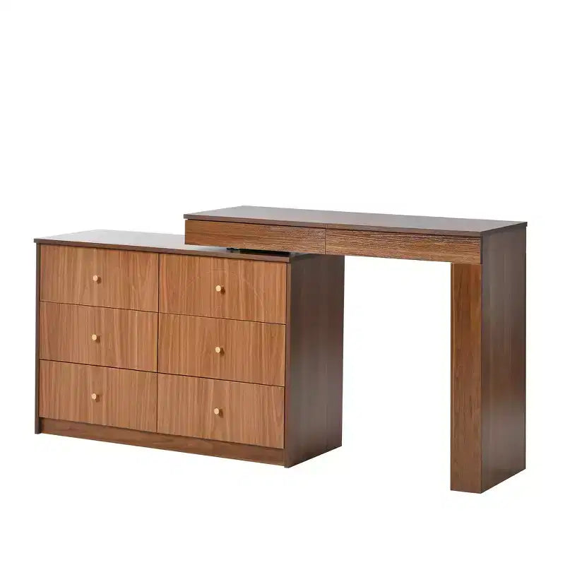 Convertible Vanity Desk with Flip-Top Mirror, 6 Drawers, 9 Compartments & L-Shaped, Straight Layout