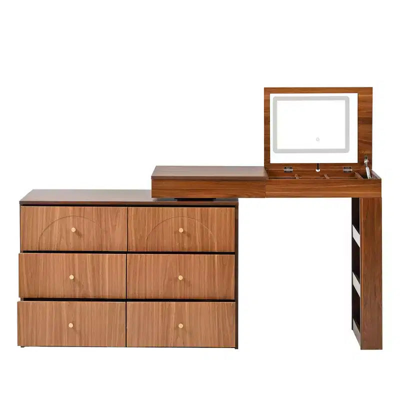 Whisen Convertible Vanity Desk with Flip-Top Mirror, 6 Drawers, 9 Compartments & L-Shaped, Straight Layout