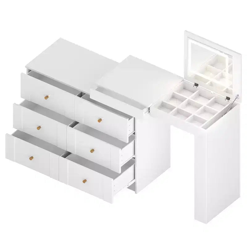 Coiffeuse convertible avec miroir rabattable, 6 tiroirs, 9 compartiments et configuration en L ou droite