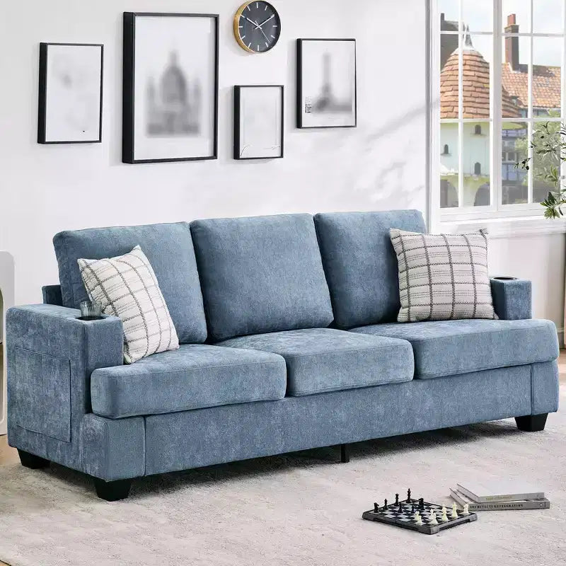 88 Modern Sofa Couch With Soft Armrest, 3 Seater Upholstered Sofa with Cup Holders & Side Pockets, Deep Seat Couch for Living Room Bedroom