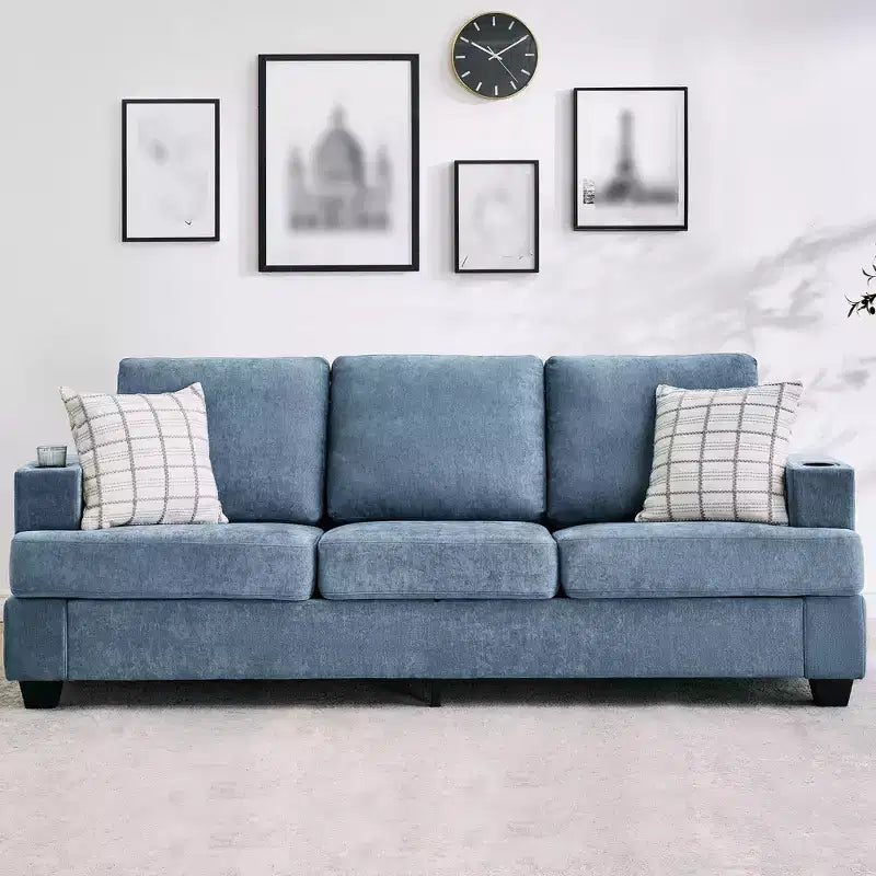 88 Modern Sofa Couch With Soft Armrest, 3 Seater Upholstered Sofa with Cup Holders & Side Pockets, Deep Seat Couch for Living Room Bedroom