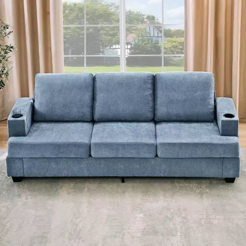 88 Modern Sofa Couch With Soft Armrest, 3 Seater Upholstered Sofa with Cup Holders & Side Pockets, Deep Seat Couch for Living Room Bedroom
