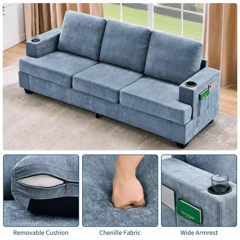 88 Modern Sofa Couch With Soft Armrest, 3 Seater Upholstered Sofa with Cup Holders & Side Pockets, Deep Seat Couch for Living Room Bedroom