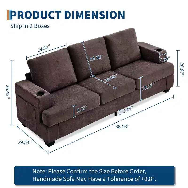 88 Modern Sofa Couch With Soft Armrest, 3 Seater Upholstered Sofa with Cup Holders & Side Pockets, Deep Seat Couch for Living Room Bedroom
