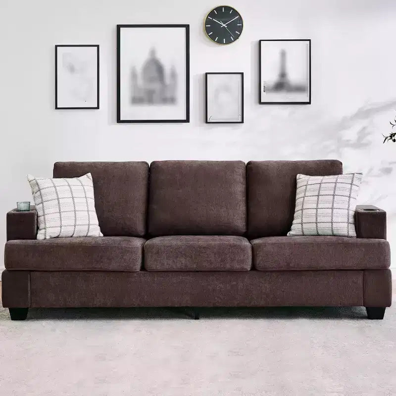88 Modern Sofa Couch With Soft Armrest, 3 Seater Upholstered Sofa with Cup Holders & Side Pockets, Deep Seat Couch for Living Room Bedroom