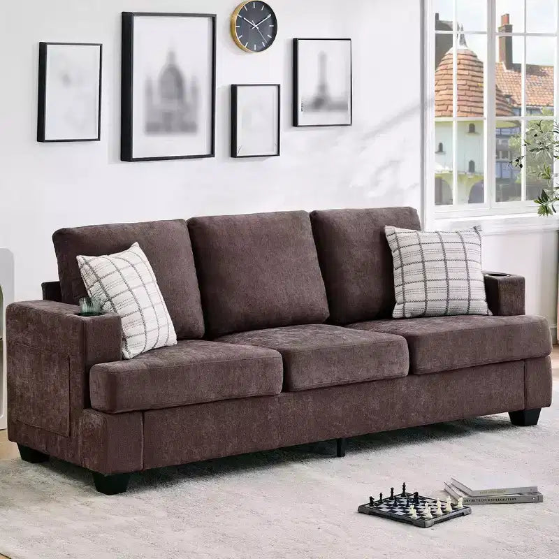 88 Modern Sofa Couch With Soft Armrest, 3 Seater Upholstered Sofa with Cup Holders & Side Pockets, Deep Seat Couch for Living Room Bedroom