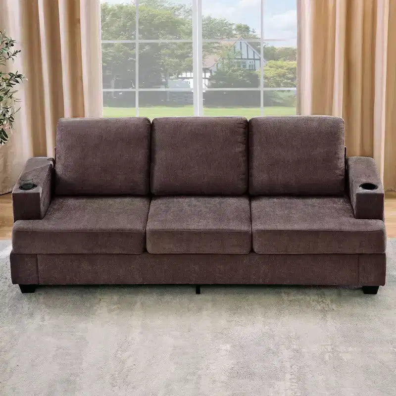 88 Modern Sofa Couch With Soft Armrest, 3 Seater Upholstered Sofa with Cup Holders & Side Pockets, Deep Seat Couch for Living Room Bedroom