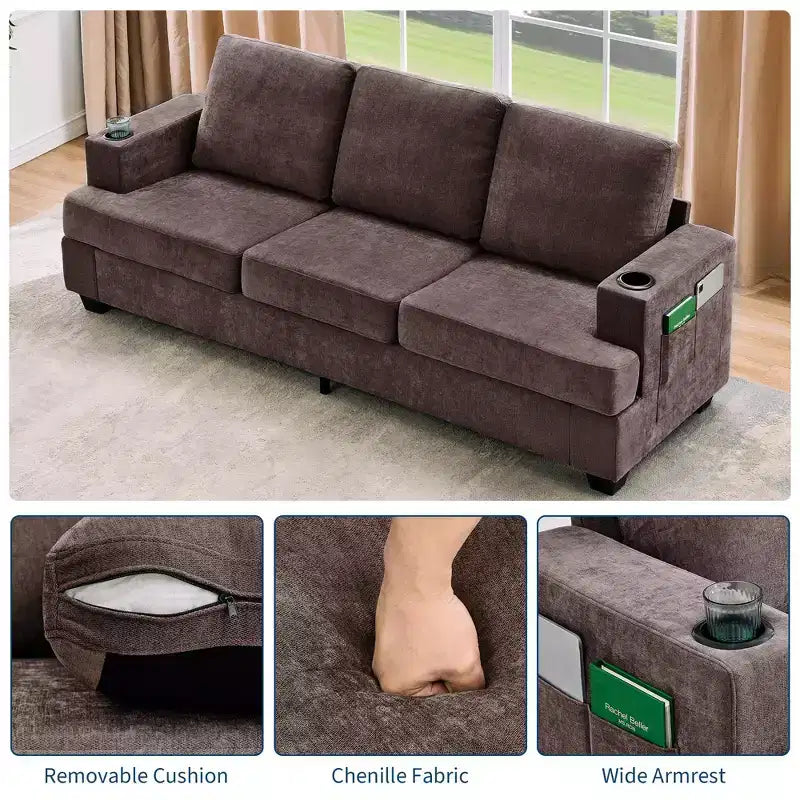 88 Modern Sofa Couch With Soft Armrest, 3 Seater Upholstered Sofa with Cup Holders & Side Pockets, Deep Seat Couch for Living Room Bedroom