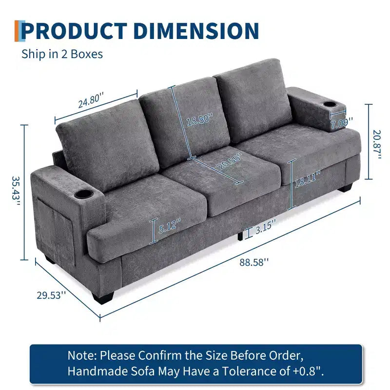 88 Modern Sofa Couch With Soft Armrest, 3 Seater Upholstered Sofa with Cup Holders & Side Pockets, Deep Seat Couch for Living Room Bedroom
