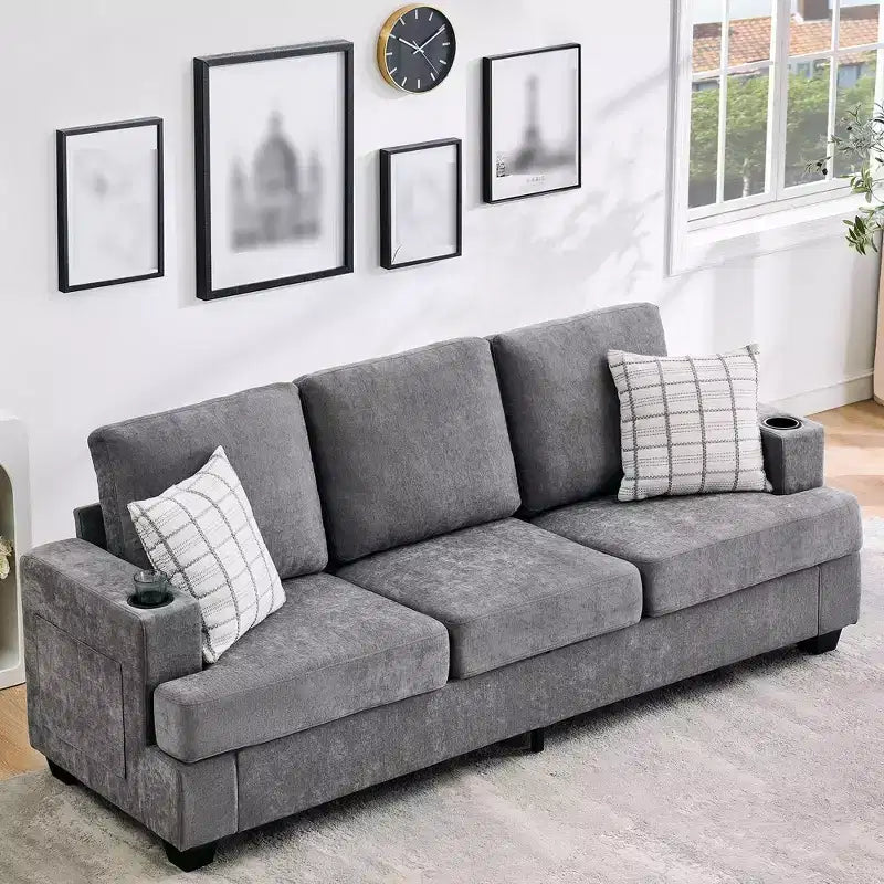 88 Modern Sofa Couch With Soft Armrest, 3 Seater Upholstered Sofa with Cup Holders & Side Pockets, Deep Seat Couch for Living Room Bedroom
