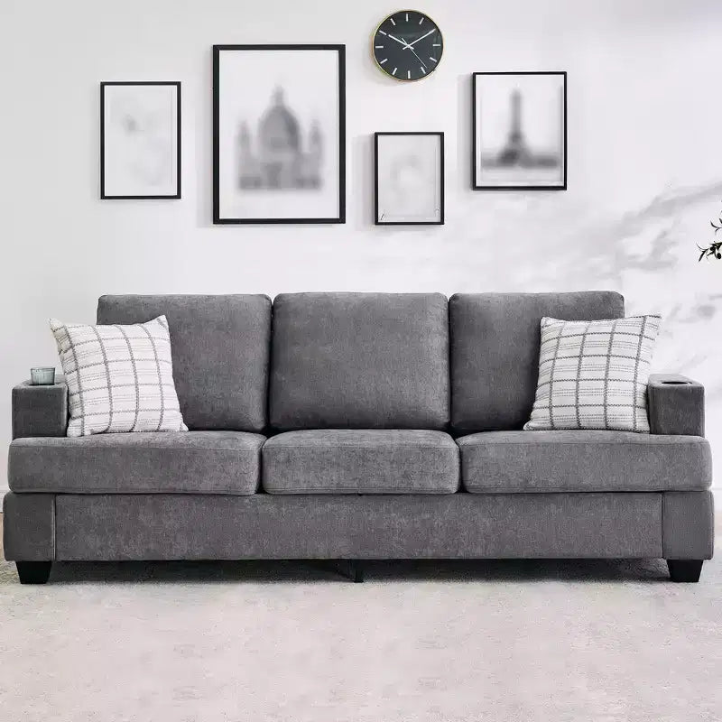 88 Modern Sofa Couch With Soft Armrest, 3 Seater Upholstered Sofa with Cup Holders & Side Pockets, Deep Seat Couch for Living Room Bedroom