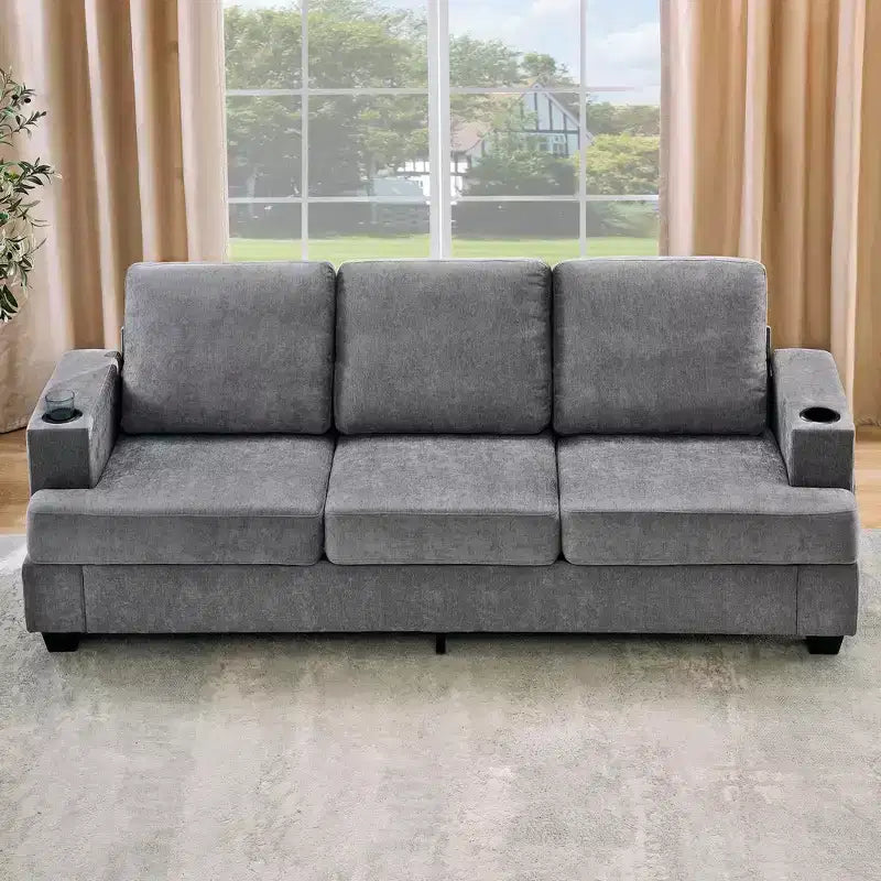 88 Modern Sofa Couch With Soft Armrest, 3 Seater Upholstered Sofa with Cup Holders & Side Pockets, Deep Seat Couch for Living Room Bedroom
