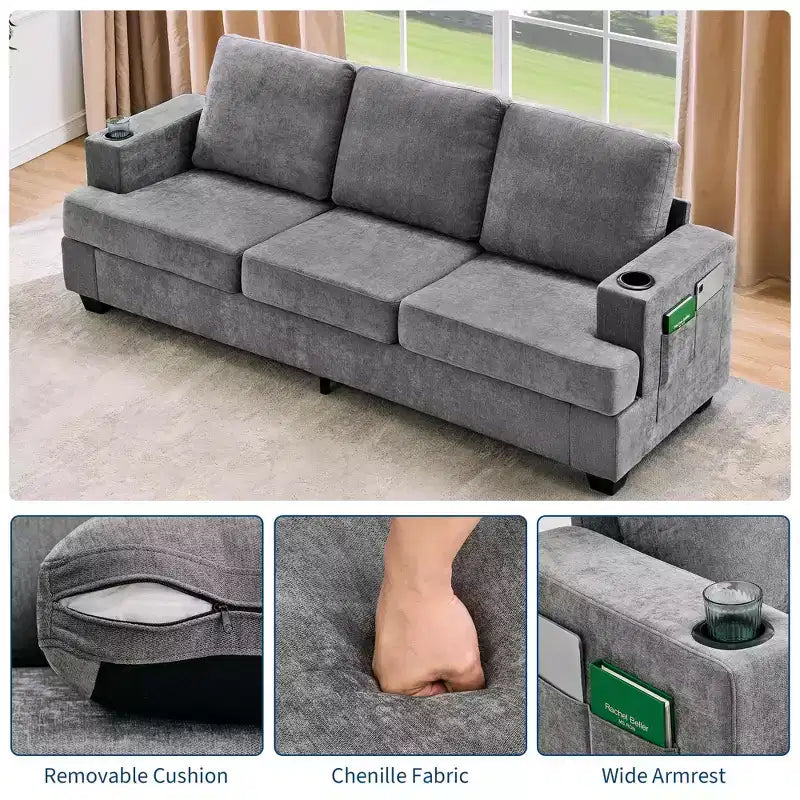 88 Modern Sofa Couch With Soft Armrest, 3 Seater Upholstered Sofa with Cup Holders & Side Pockets, Deep Seat Couch for Living Room Bedroom