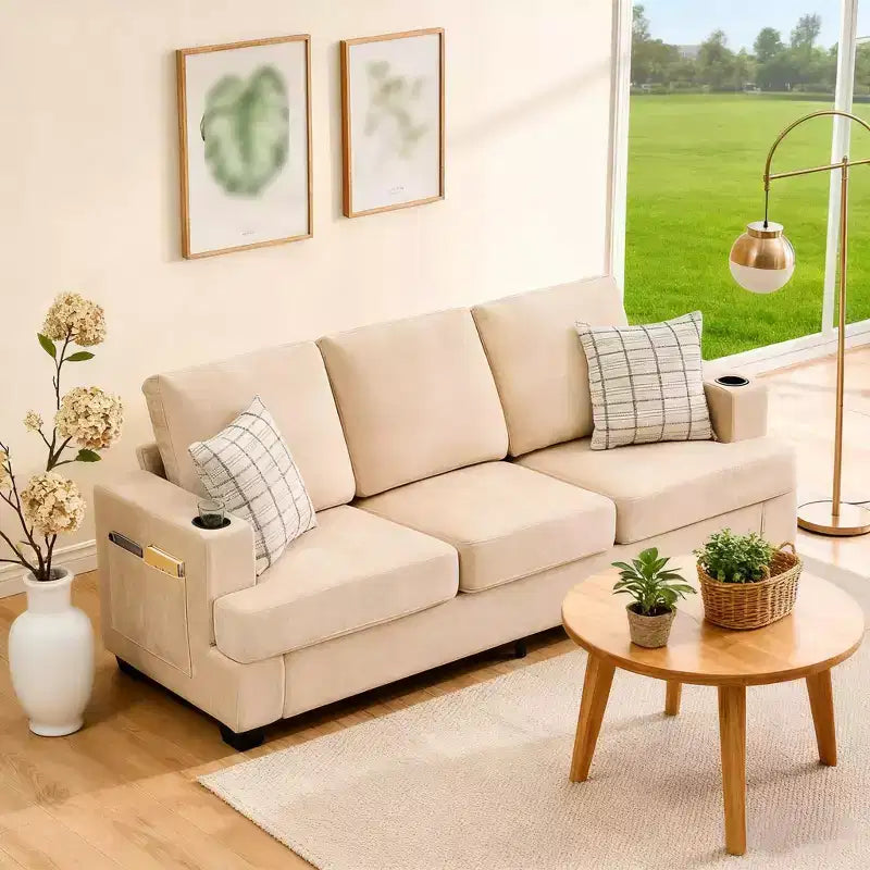 88 Modern Sofa Couch With Soft Armrest, 3 Seater Upholstered Sofa with Cup Holders & Side Pockets, Deep Seat Couch for Living Room Bedroom