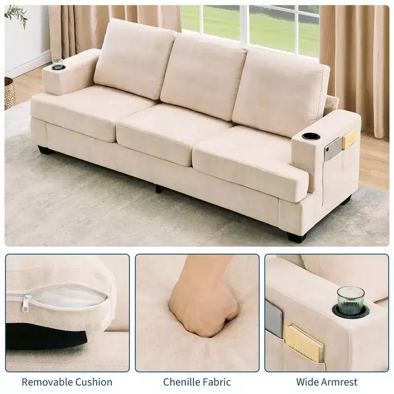 Canapé moderne 88 avec accoudoirs moelleux, canapé 3 places rembourré avec porte-gobelets et poches latérales, canapé profond pour salon et chambre à coucher