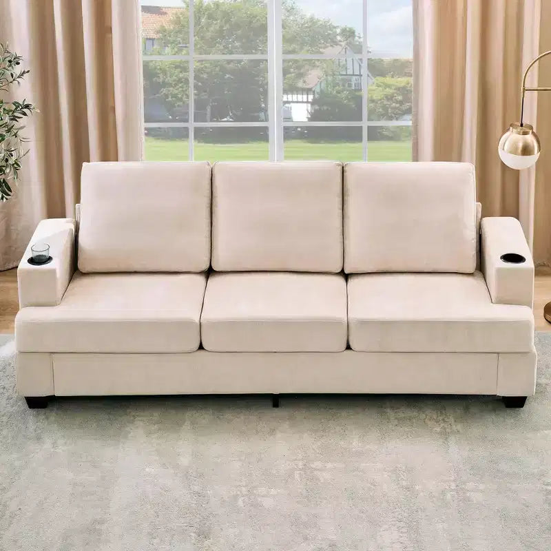 88 Modern Sofa Couch With Soft Armrest, 3 Seater Upholstered Sofa with Cup Holders & Side Pockets, Deep Seat Couch for Living Room Bedroom