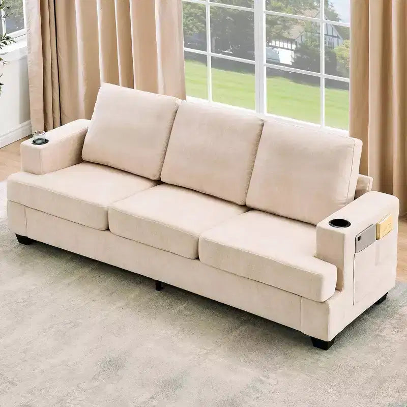 88 Modern Sofa Couch With Soft Armrest, 3 Seater Upholstered Sofa with Cup Holders & Side Pockets, Deep Seat Couch for Living Room Bedroom