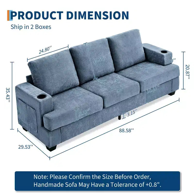 88 Modern Sofa Couch With Soft Armrest, 3 Seater Upholstered Sofa with Cup Holders & Side Pockets, Deep Seat Couch for Living Room Bedroom
