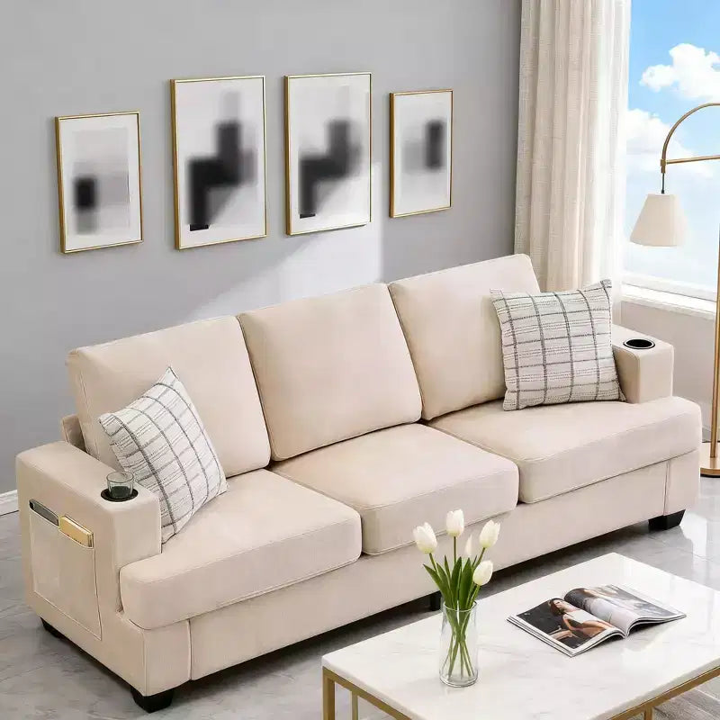 88 Modern Sofa Couch With Soft Armrest, 3 Seater Upholstered Sofa with Cup Holders & Side Pockets, Deep Seat Couch for Living Room Bedroom