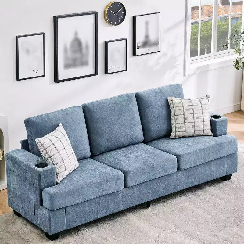 Canapé moderne 88 avec accoudoirs moelleux, canapé 3 places rembourré avec porte-gobelets et poches latérales, canapé profond pour salon et chambre à coucher