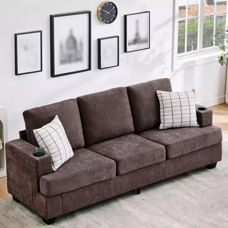 Canapé moderne 88 avec accoudoirs moelleux, canapé 3 places rembourré avec porte-gobelets et poches latérales, canapé profond pour salon et chambre à coucher