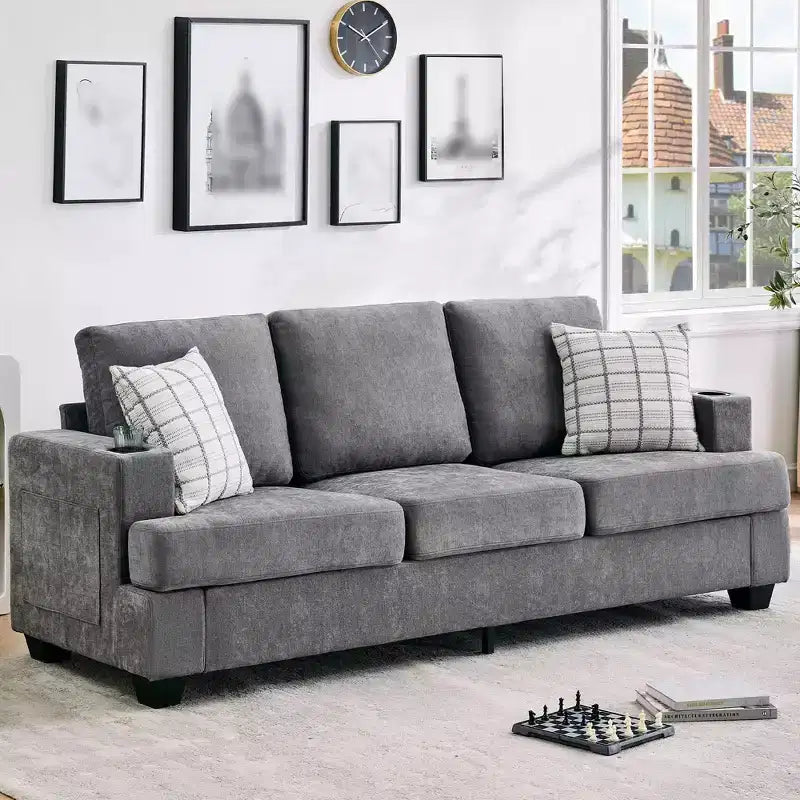 Canapé moderne 88 avec accoudoirs moelleux, canapé 3 places rembourré avec porte-gobelets et poches latérales, canapé profond pour salon et chambre à coucher