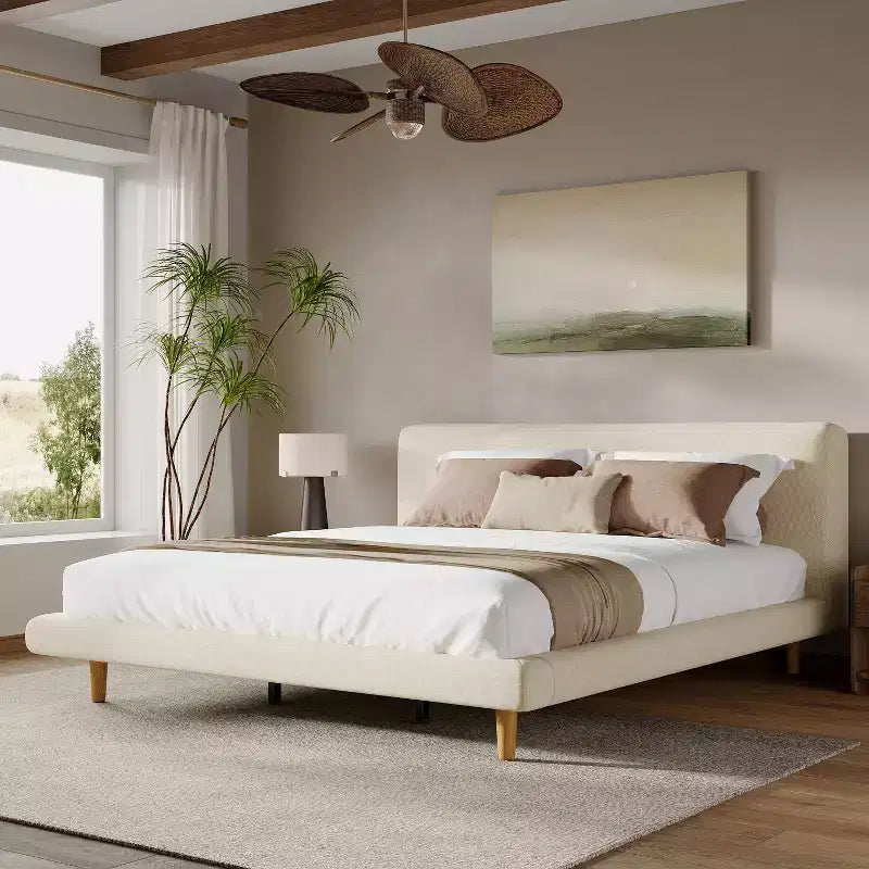 Modern Rubberwood Upholstered Bed with Chunky Headboard