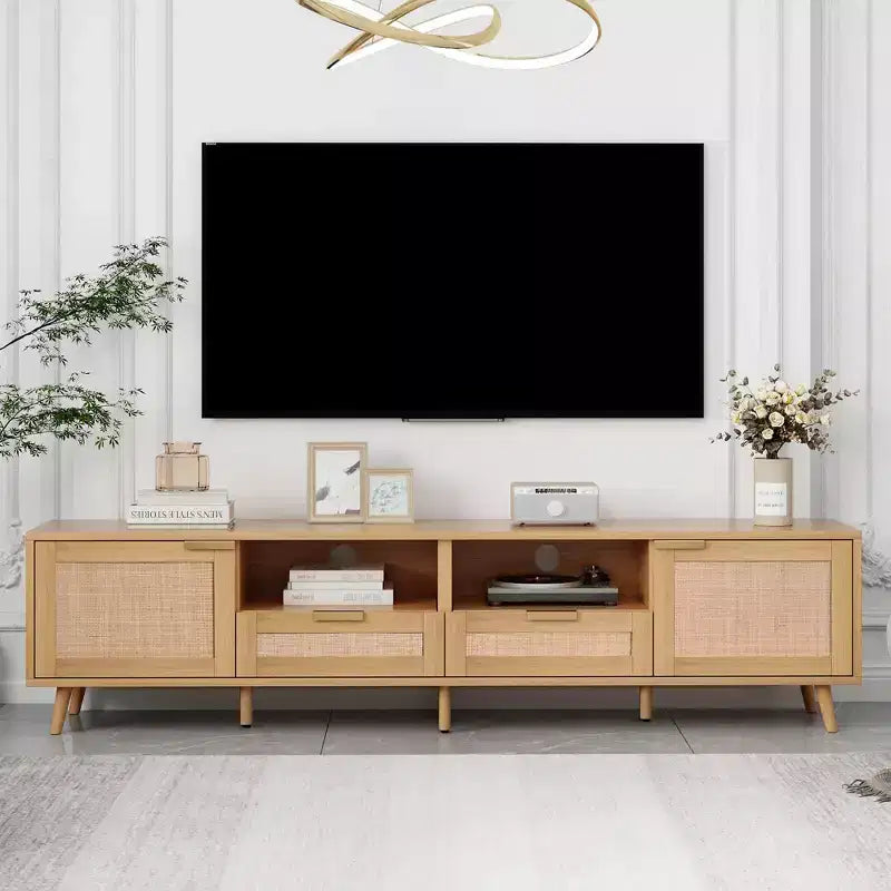 Clihome Rattan TV Stand for TVs up to 85'', Modern Farmhouse Media Console, Entertainment Center with Solid Wood Legs, TV Cabinet for Living Room